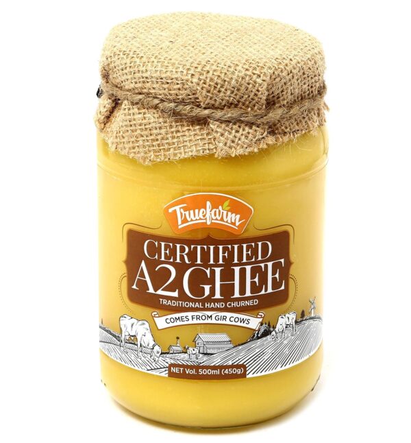 Truefarm Certifed A2 Ghee | Shuddh Desi Ghee | Traditional Hand Churned Vedic Bilona Method | Comes from Grass Fed Gir Cows | Better Digestion | Immunity Booster | Pack of 1 (500ml)