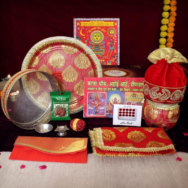 TIED RIBBONS Handcrafted Karwachauth Thali Set with Cover Combo - Steel Thali Lota Channi and Karwa Chauth Pooja Samagri Kit with Box - Gift for Wife Sister Mother in Law Friends