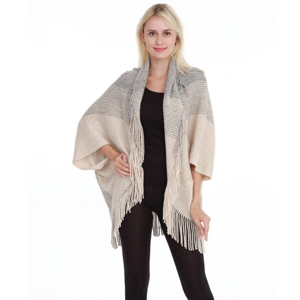 Bold N Elegant Winter Woolen Shawl Collar Warm Open Front Poncho Cardigan Shrug Style Wrap with Tassel Fringe Hem and Sleeves for Women