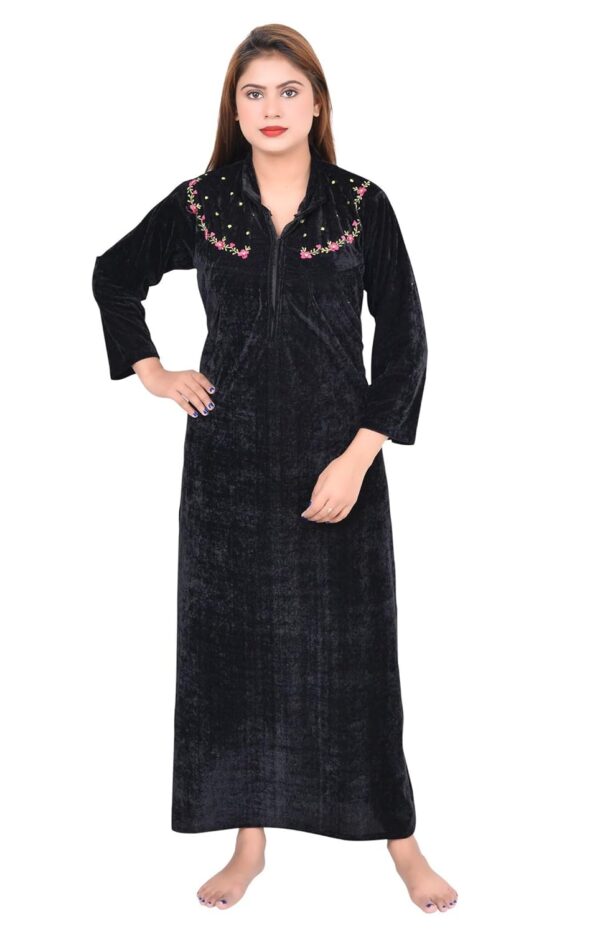 GLAMORSTYL Winter Nighty for Women with Embroidery Full Lenght Solid Velvet Nighty for Winter Wear Nightdress Sleepwear