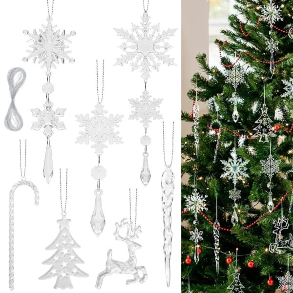 HASTHIP® 18Pcs Christmas Tree Decoration Items Crystal Acrylic Snowflake Icicle Christmas Decorations Transparent Hanging Christmas Ornaments for Xmas Tree, Home Decor, Door, Window