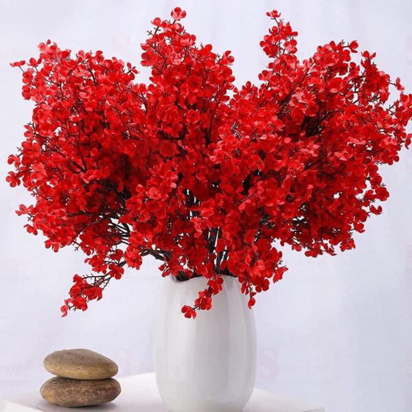 SATYAM KRAFT 1 Bunch Artificial Babys Breath Gypsophila Flower Sticks Fake Bunch Decorative Items for Home Decor, Living Room, Table Decoration, Christmas, Wedding (Without Vase)(Red)(Fabric)