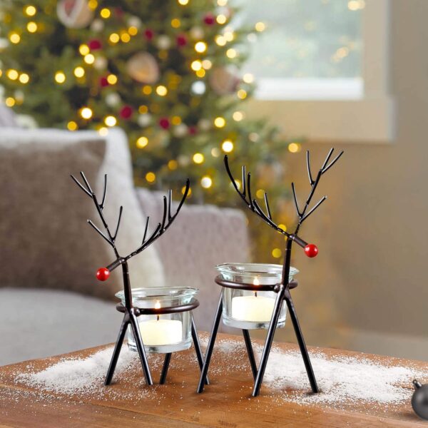 TIED RIBBONS Set of 2 Christmas Reindeer Tealight Candle Holders with Glass Holders - Christmas Decorations Items for Home Table Decoration Indoor Outdoor (Iron) - Christmas Decor - Christmas Gifts