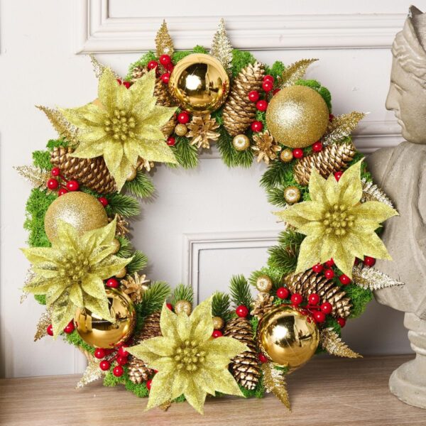 Sesonby 10 Golden Glitter Poinsettia Artificial Flowers Christmas Xmas Tree Ornaments for Wedding Party New Year Decoration