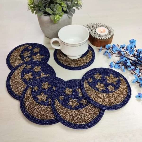 COCOPURPLE Glass Bead Coasters - 4” | Ramadan Table Home Eid Accessories Set of 4 Decorative Boho Coasters for Drinks, Cocktails & Coffee | Perfect for Table Decor, Everyday Use & Gifting (Blue)