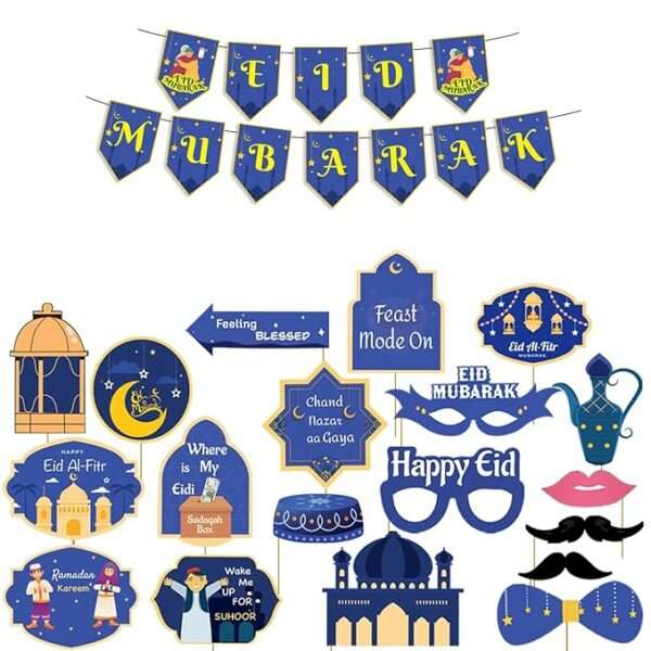 Party Propz Eid Mubarak Decorations - 20 Pcs Eid Decoration Items, Eid Mubarak Banner, Eid Photobooth Props, Eid Decoration Items for Home Decor, Eid Decor, Ramadan Mubarak Decoration (Cardstock)