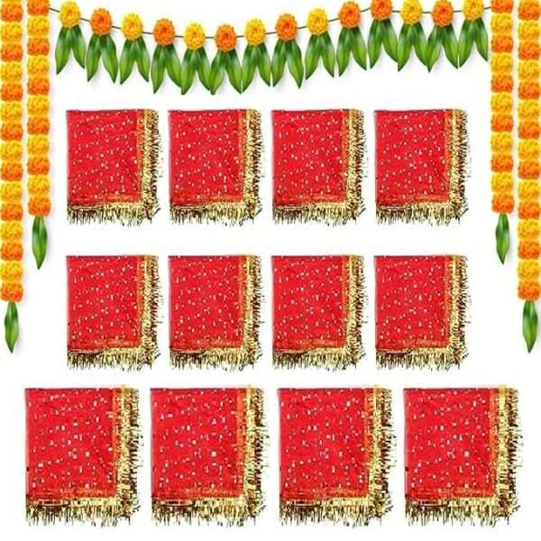 LEYSIN Set Of 12 Pcs Navratri Special Net Fabric Devi MATA Ki Chunari/Chunri/Border Design Puja Chunni For Kanya Pujan Red Color Pack Of 1