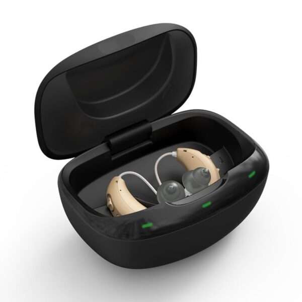 Primo 401 Digital 12 Channel Advanced Rechargeable Hearing Aid With Magnetic Contact Charging, Noise Cancelling 2 Working Programs Open-Fit Design (BTE) Ear Aid (Beige)(LEFT Single-ear)