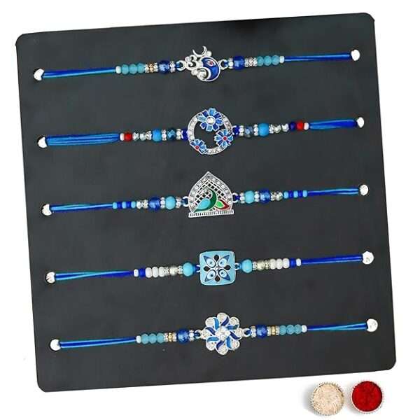 TONKWALAS Rakhi for Brother, Set of 5 Designer Rakhi with Roli Chawal Pack and Greeting Card