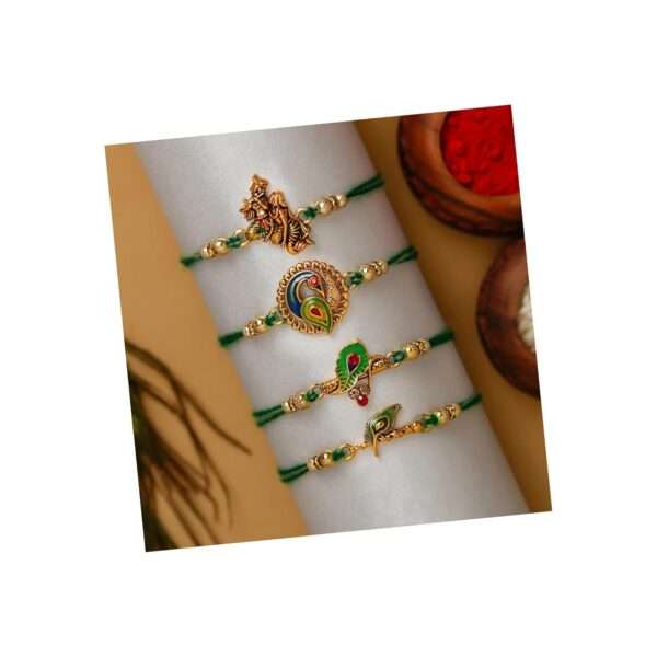 eCraftIndia Multicolor Set of 4 Radha Krishna Playing Flute, Peacock, Krishna Flute, Peacock Feather Designer Religious Rakhis with Roli Chawal Pack - Rakhi for Brother, Bhaiya, Bhai