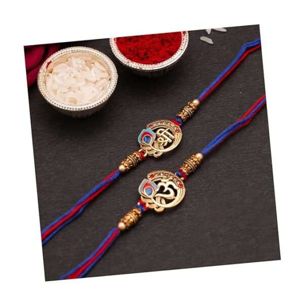 CraftVatika Metal Designer Rakhi For Brother Bhaiya Om Rakhi For Bhai With Greeting Card Shri Mor Pankh Rakhi For Bhaiya Rakhi Set Of 2 For Rakshabandhan Combo