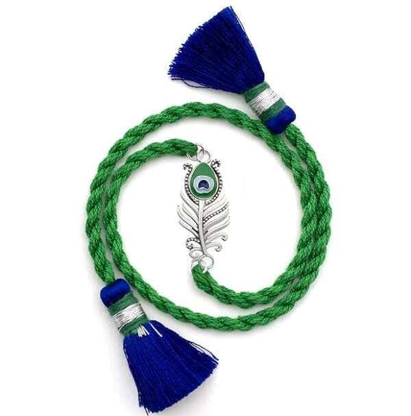 MEENAKARI HERITAGE JEWELLERY 925 Sterling Silver Morpankh Peacock Feather Krishna Rakhi Bracelet Set with Roli Chawal and Rakshabandhan Greeting Card For Men