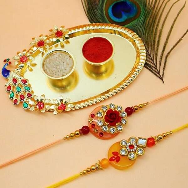 JAIPUR ACE Rakhi Combo Set of 2 Premium Floral Rakhi Elegant Beads Rakhi with Golden Pooja thali and Roli for Bro Brother Rakshabandhan (Design 3)